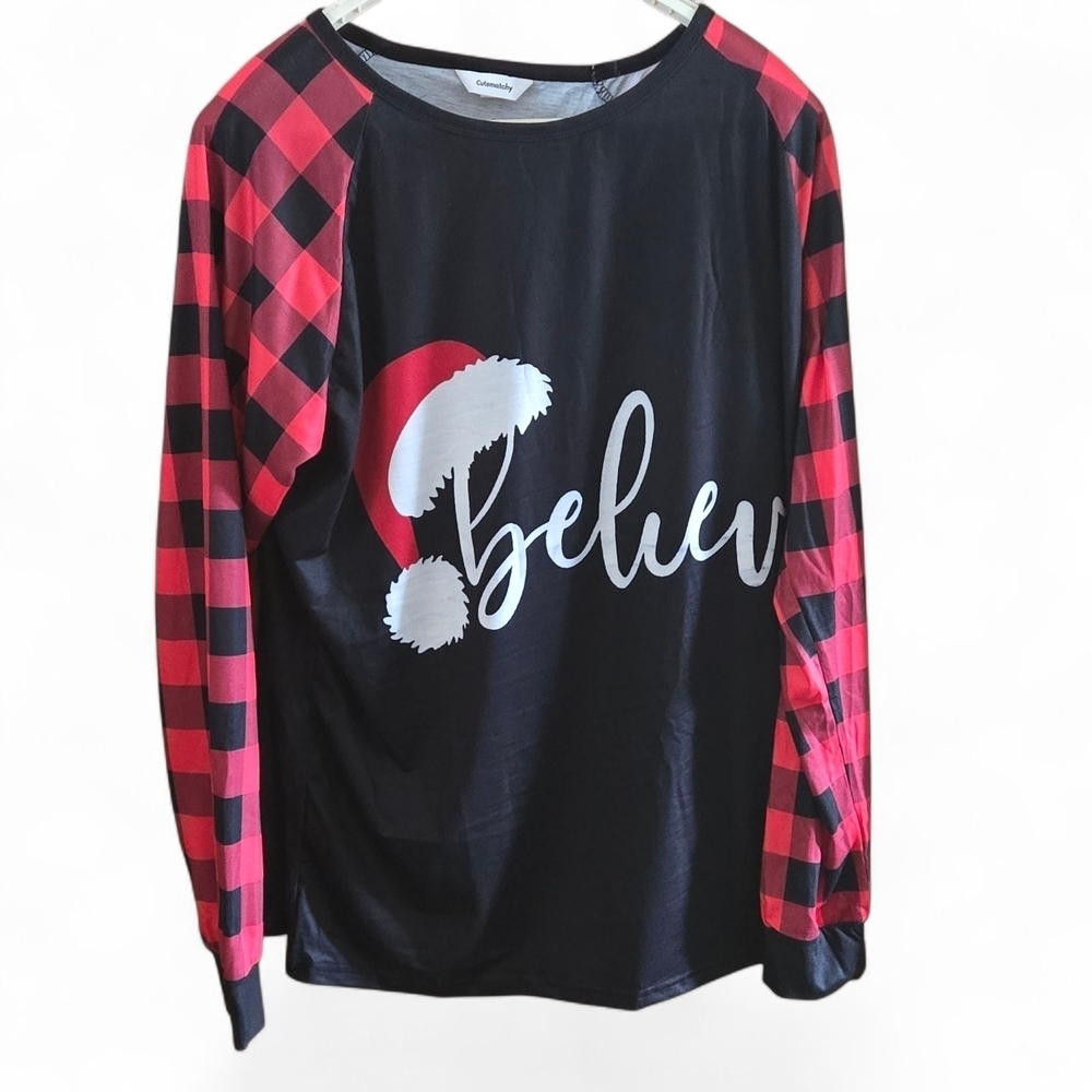 CuteMatchy Men's 2XL Black and Red Plaid 'Believe' Long Sleeve Holiday Shirt